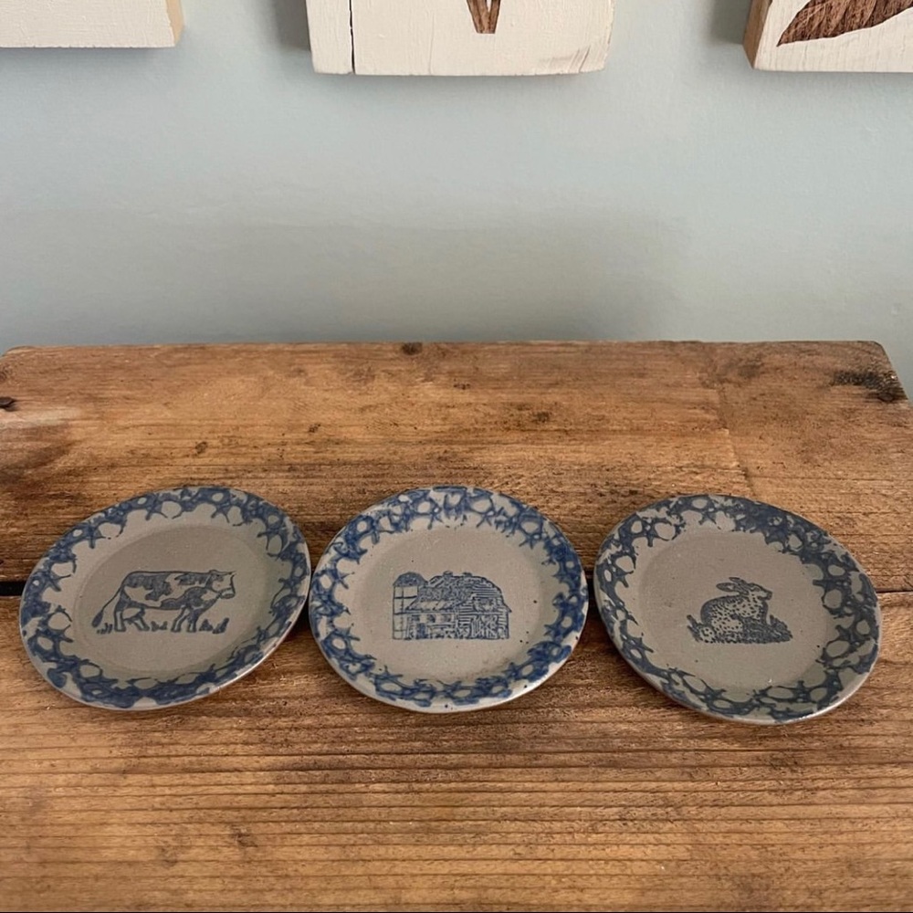 Antique Set of 3 Mini Ceramic Plates with Farm Theme Blue & Tan